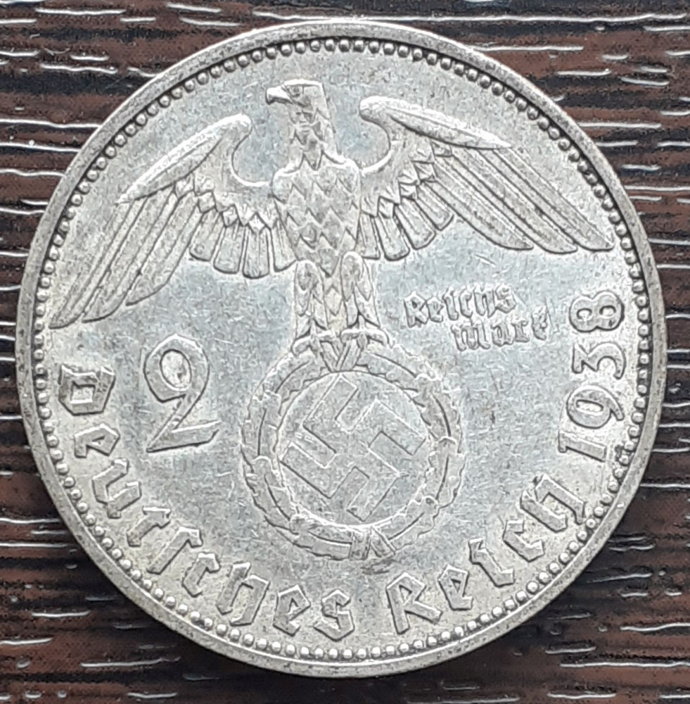 A223 MONEDA DIN ARGINT GERMANIA 2 MARK 1938 LIT A CU ZWASTIKA