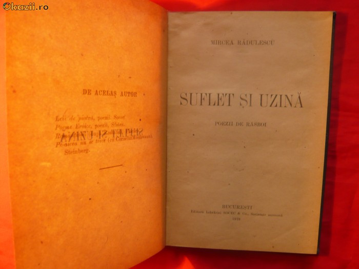 MIRCEA RADULESCU - SUFLET SI UZINA - 1919 poezie | Okazii.ro