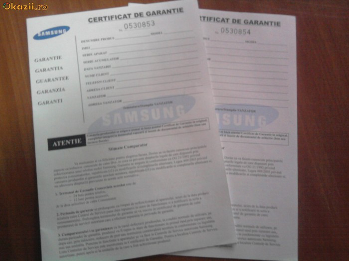 certificat garantie samsung in alb | arhiva Okazii.ro