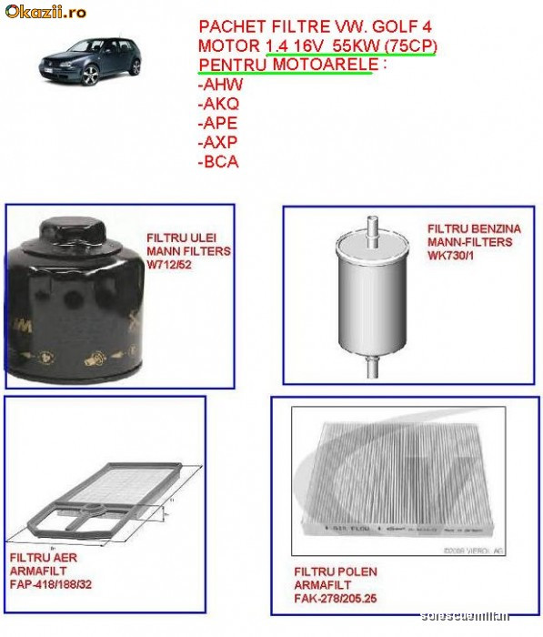 filtru aer, filtru ulei, filtru polen, filtru benzina VW GOLF 4 1.4 16V  (55KW) | arhiva Okazii.ro