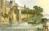 V FOTO 89 La Seine et Notre-Dame -Jean-Baptiste Lallemand -Musee Carnavalet -antebelica -gen felicitare , din doua parti, cu mesajul scris la interior