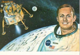 CP197-86 Aeronautul american Neil A.Armstrong si modulul lunar al navetei spatiale ,,Apollo 11&quot; -carte postala, necirculata -starea care se vede