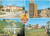 CP200-53 (Resita): Teatrul de stat; Hotel Semenic;Barajul si lacul Secul...(stema)-carte postala, circulata 1975 -starea care se vede