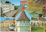 CP200-52 Sibiu: Hotel Bulevard; Lacul din parcul ,,Dumbrava; Consiliul popular...(stema)-carte postala, circulata 1975 -starea care se vede