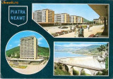 CP200-56 Piatra Neamt: Hotelul Ceahlau; Barajul Hidrocentralei ,,V.I.Lenin&quot;; Vedere din centru -carte postala, circulata 1972 -starea care se vede