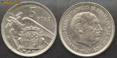 Spania 5 Pesetas 1957 generalul Franco XF/a.UNC foto