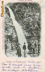 Romania Salut,Busteni,carte postala UPU circulata 1901:Cascada Urlatoarea,animat foto