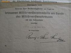 Brevet austriac Meritul Militar 1918 pt. un roman foto