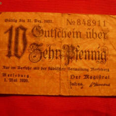 Bancnota -Notgeld 10 Pf oras Merfeburg 1920 Germania