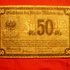 Bancnota -Notgeld 50 Pf oras Minden 1917 Germania