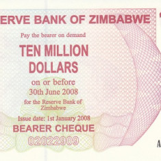Bancnota Zimbabwe (Bearer Cheque) - $10.000.000 2008 P55 UNC