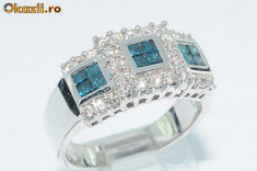 superb inel aur alb 18K cu diamante naturale alb+bleu 0,69CT foto