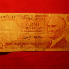 Bancnota 20 Lire Turcia 1970 , cal.medie