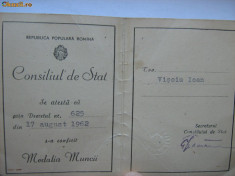 BREVET MEDALIA MUNCII 1962 foto