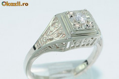 superb inel aur alb 14K cu diamant natural 0,10CT, stil antic foto
