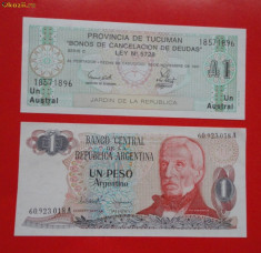 Lot 2 bancnote Argentina 1 peso 1983 1 austral Tucuman 1991 UNC necirculate foto