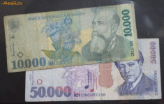 Lot 2 bancnote Romania 10.000 lei 1999 50.000 lei 2000 foto