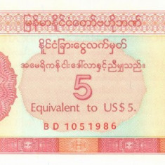 MYANMAR █ BURMA █ bancnota █ 5 FEC Dollars █ 1993 █ P-FX2 █ UNC █ necirculata