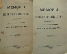 Memoriu si decizia Curtii de Apel Bucuresti , Filotti si Niculescu Ianca , 1908 foto