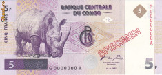 Bancnota Congo 5 Franci 1997 - P85s SPECIMEN - rara foto