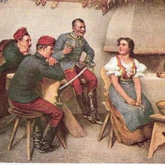 T FOTO 76 Romantica -Ofiteri de secol 19, flirtand cu hangita - antebelica -interesant pentru reproducere intr-un tablou -tipar Austria