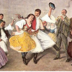 T FOTO 69 Romantica -Tineri ingragostiti, dansand, in costume populare -antebelica -tiparita in Austria -interesanta pentru reprod. intr-un tablou.