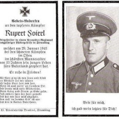 U FOTO 87 Necrolog -Militar german Obergefreiter Rupert Soierl (aviatie?), cazut in razboi, 29 ian 1943, la varsta de 33 de ani -crucea cu zvastica