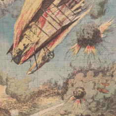 Ziarul Universul : un aeroplan in flacari ,primul razboi mondial 1915-gravura