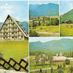 CP196-11 Maneciu: Motel Cheia; Vedere din satul Cheia; Muntele Rosu; Manastirea Cheia(jud.Prahova) -carte postala, necirculata -starea care se vede