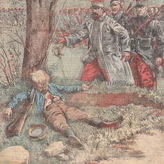 Ziarul Universul : un mic erou francez mort cu arma in mana, primul razboi mondial (1915,gravura color)