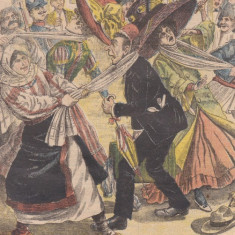 Ziarul Veselia : ispravile unor actori de provincie la Telega (1909,gravura color)