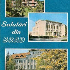 CP199-17 Salutari din Brad: Sanatoriul; Oficiul PTTR; Liceul ,,Avram Iancu" -carte postala, circulata 1976 -starea care se vede