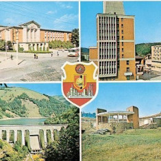 CP200-53 (Resita): Teatrul de stat; Hotel Semenic;Barajul si lacul Secul...(stema)-carte postala, circulata 1975 -starea care se vede