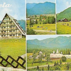 CP200-27 Maneciu: Motel Cheia; Vedere din satul Cheia; Muntele Rosu; Manastirea Cheia -carte postala, circulata 1975 -starea care se vede