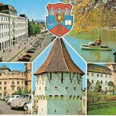 CP200-52 Sibiu: Hotel Bulevard; Lacul din parcul ,,Dumbrava; Consiliul popular...(stema)-carte postala, circulata 1975 -starea care se vede