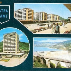 CP200-56 Piatra Neamt: Hotelul Ceahlau; Barajul Hidrocentralei ,,V.I.Lenin"; Vedere din centru -carte postala, circulata 1972 -starea care se vede