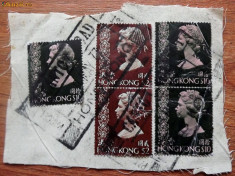 1976 Hong Kong 3x10$+2x2$ fragment de sac postal panza - utilizare deosebita foto