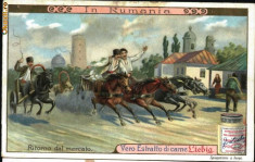 Mini carte postala reclama, lito, editata in Italia 1885, Intoarcerea de la targ foto