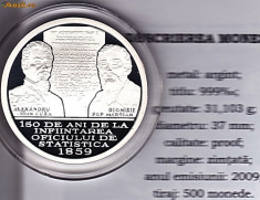BNR 10 lei 2009,argint, Cuza,150 ani de la infiintarea Oficiului de Statistica foto