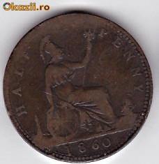 Anglia-Marea Britanie 1/2 Penny 1860, regina Victoria foto