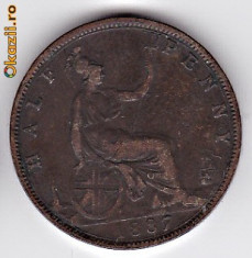 Anglia-Marea Britanie 1/2 Penny 1889, regina Victoria foto