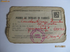 PERMIS DE INTRARE IN FABRICA LA INTREPRINDEREA POLIGRAFICA 2 DIN 1957 foto