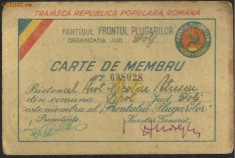 Carte de membru Partidul Frontul Plugarilor 1949 (timbre 30 si 50 lei Frontul Plugarilor) foto