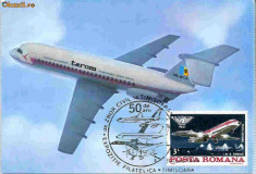 Ilustrata maxima aviatie - avion BAC 1-11, Exp. Fil. Timisoara 1985 foto