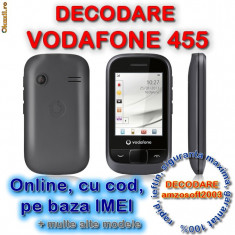 DECODARE VODAFONE 455, ONLINE, PE IMEI *** Trimit codul pe mail, Y, Skype etc. *** PRET PROMOTIONAL *** FARA PLATA IN AVANS foto