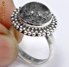 RAFINAT inel UNICAT, argint 925 cu cuart turmalinat, D=16,92 mm (USA 6,5)! foto