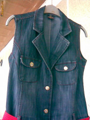 Sarafan de blugi, jeans, Rochie de blugi, jeans, cu cordon rosu, MISSNAC, masura 42-44 foto