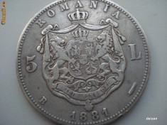 Moneda de argint - 5 lei - 1881 foto