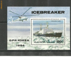 Korea 1984 - SPARGATORUL DE GHEATA ATOMIC LENIN, ELICOPTER, colita stampilata P7 foto
