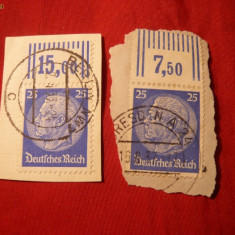 2 Fragmente cu Timbru 25 Pf. Hindemburg ,filigr.2 si 4 ,stamp.